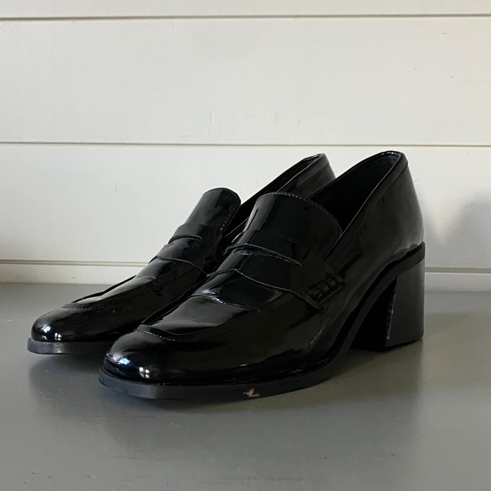 Marc Fisher Shiny Black Block Heel Loafers
